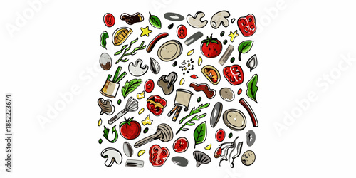 A colorful collection of hand drawn vegetables mushrooms and cooking utensils