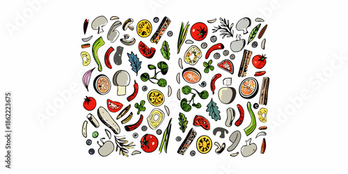 A colorful arrangement of various fresh vegetables and ingredients for cooking