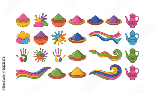 Bundle holi color powder ribbons teapot traditional indian element vector