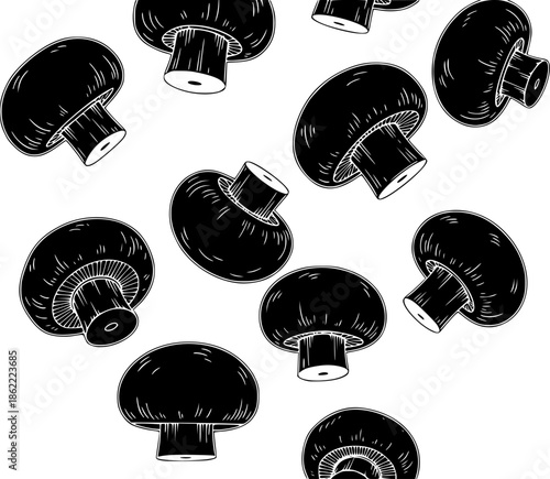 Multiple Button Mushrooms Falling or Floating in a Detailed Black and White Outline Line Art Drawing
