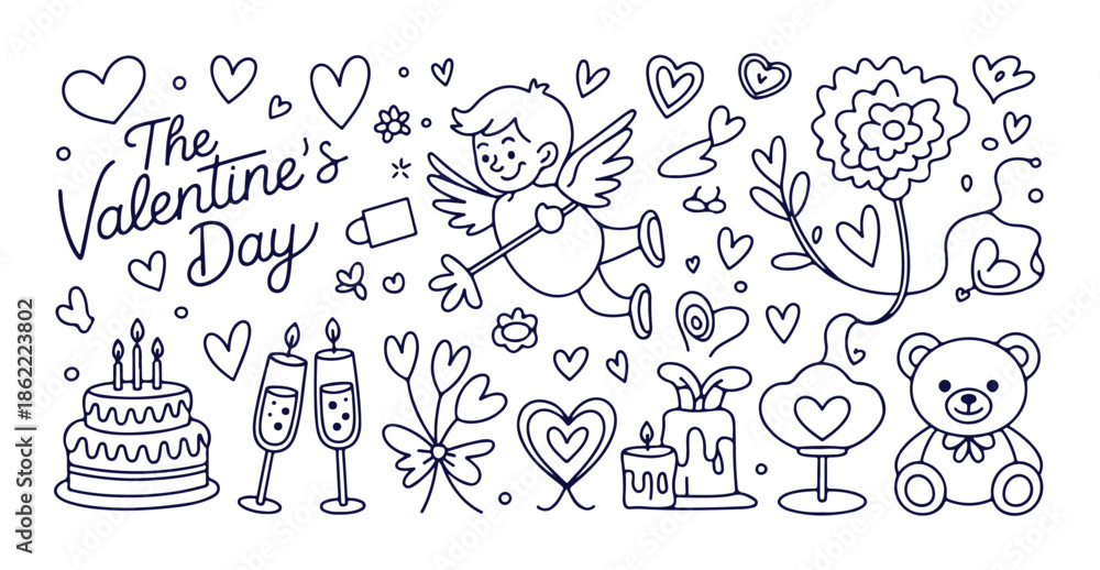 Fototapeta premium Valentine’s day doodle set, hand drawn illustration with a cupid, hearts, cake, champagne, bear