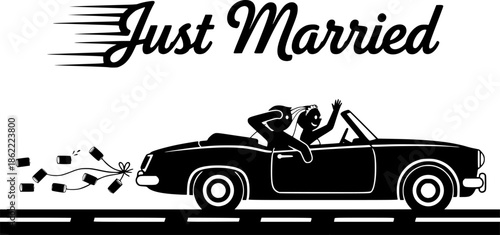 Just married. Lettering phrase on white background. Design element for greeting card, t shirt, poster. Vector illustration
