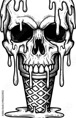Detailed Engraving of Melting Skull Ice Cream Cone with Dripping Liquid in Black and White Illustration
