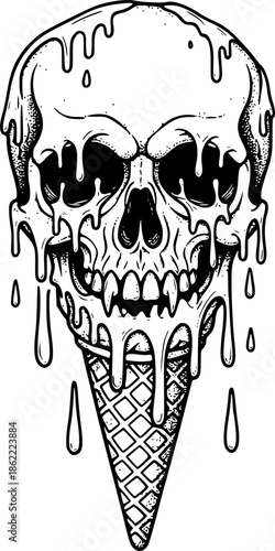Detailed Engraving of Melting Skull Ice Cream Cone with Dripping Liquid in Black and White Illustration
