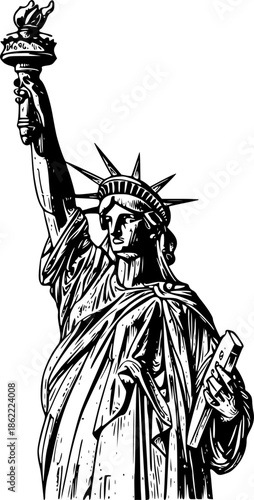 Liberty statue sketch engraving black and white outline. Scratch board imitation. illustrated in vintage line art style on a white background.
