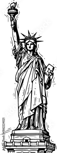 Liberty statue sketch engraving black and white outline. Scratch board imitation. illustrated in vintage line art style on a white background.
