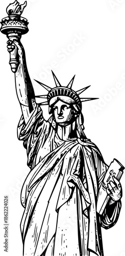 Liberty statue sketch engraving black and white outline. Scratch board imitation. illustrated in vintage line art style on a white background.
