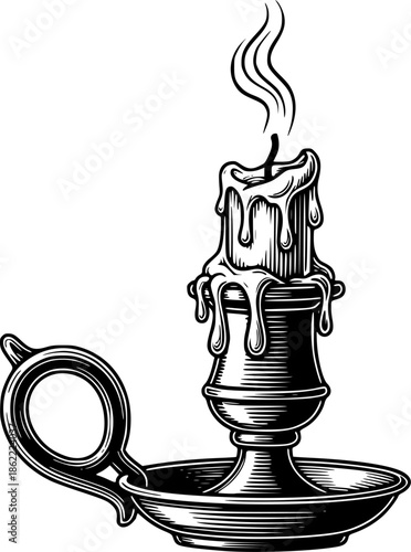 Candle burned on candlestick Black and White Detailed Illustration
