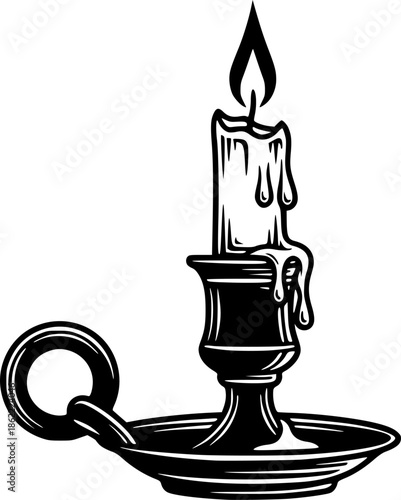 Candle burned on candlestick Black and White Detailed Illustration
