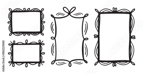 Set of hand drawn rectangular frames isolated on white background with elegant curved lines and bows