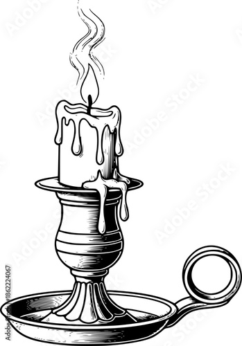 Candle burned on candlestick Black and White Detailed Illustration
