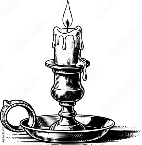 Candle burned on candlestick Black and White Detailed Illustration
