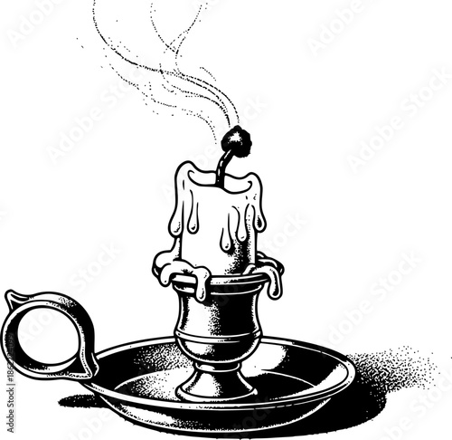 Candle burned on candlestick Black and White Detailed Illustration
