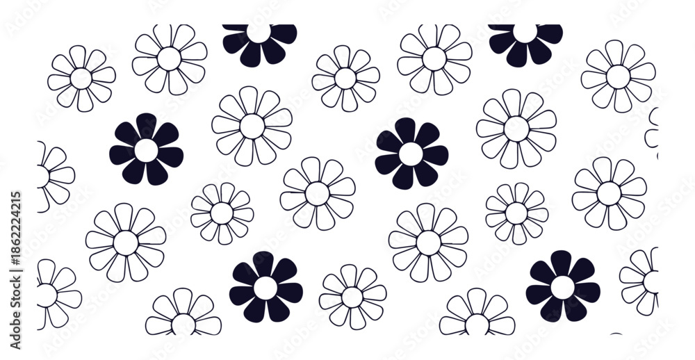 Fototapeta premium Simple outline flower pattern with filled centers in dark blue and white on white background