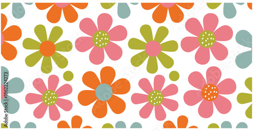 Retro flower power seamless pattern funky groovy floral background design for wallpaper fabric