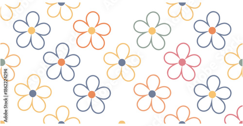 Floral seamless pattern with colorful outline daisy flowers modern summer abstract background design