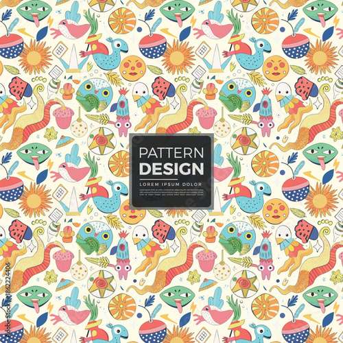 Whimsical cartoon pattern with birds, fruits, and abstract shapes