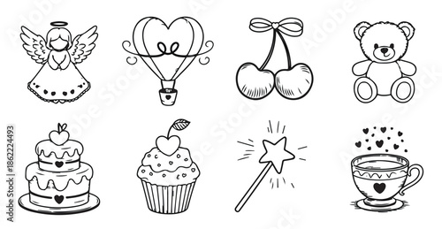 Valentine's day hand drawn doodle set. love symbols, angel, hot air balloon, cherry, teddy bear, cake, cupcake, magic wand, tea cup sketch icons