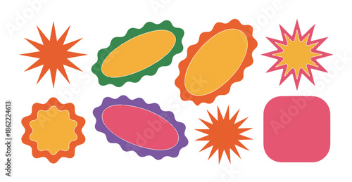 Retro frames set. vintage badges in 70s style. colorful oval and starburst shapes for labels, stickers, banners