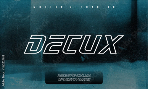 Modern alphabet typography with DECUX logo on blue background
