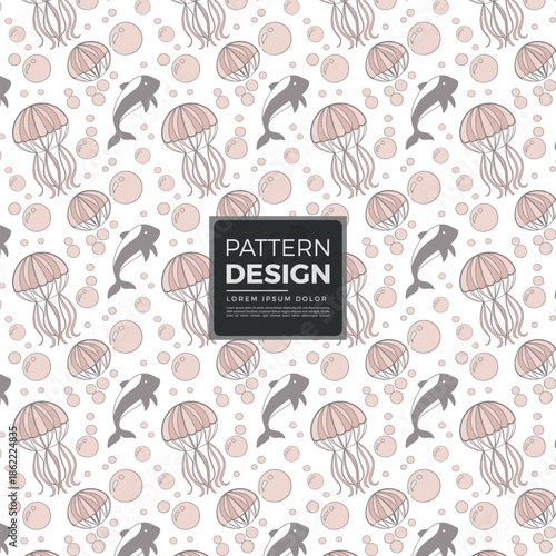 Seamless pattern design with cute dolphins and jellyfish