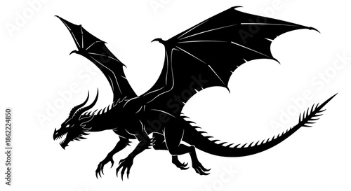Majestic dragon silhouette with wings spread wide in mid flight