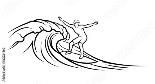 Man surfing on a large wave with arms outstretched