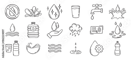 Water doodle hand drawn icons set. Water drawing sketch signs 