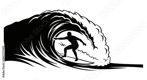 Professional surfer riding massive wave in dynamic ocean scene