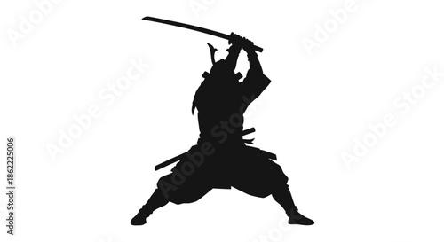 Samurai warrior in dynamic sword stance isolated on white
