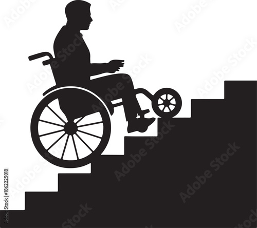 A patient sitted a wheelchair flat black vector silhouette, try to climbing the staiars