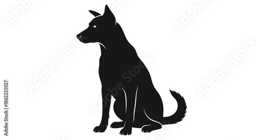 Sitting dog in black silhouette against white background