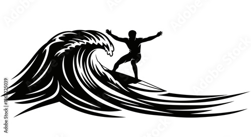 Surfer riding massive wave in dynamic black silhouette style