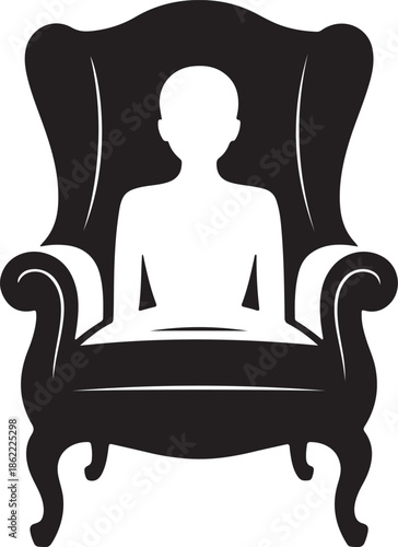 A silhouette of a classic wingback chair and empty seat flat black vector art illustration design