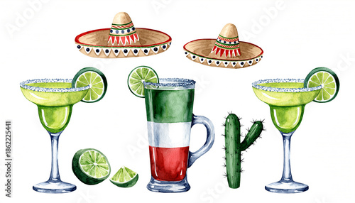 Three green margaritas with lime slices and Mexican sombreros in watercolor green cocktails
