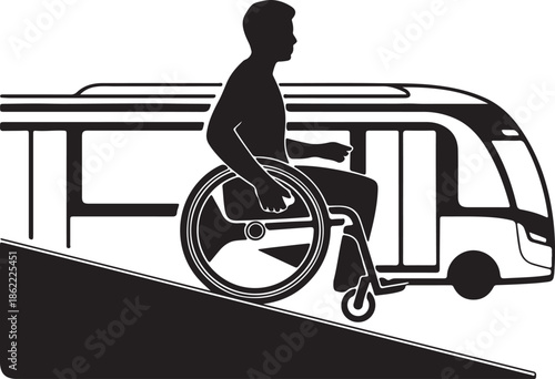 A silhouette of a person in a sleek, carbon-fiber electric wheelchair flat black vector art, using a ramp to board a futuristic train or bus