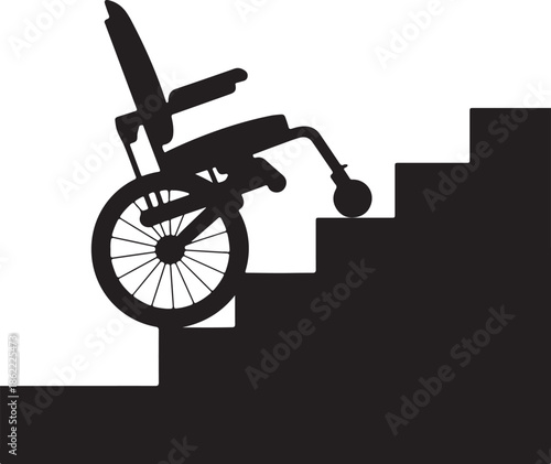 A silhouette of a specialized wheelchair flat vector art, with iBot style wheel system climbing a set of stairs