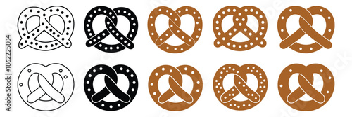 Pretzel clipart vector collection with outline, silhouette, and color versions, delicious bakery bread illustration, snack and pastry design