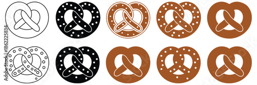 Pretzel clipart set featuring outline, silhouette, and colorful designs, tasty bakery snack illustration, pastry food graphics for menus, kids projects, stickers, crafts, and creative design
