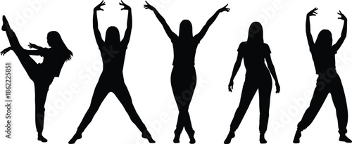 Silhouettes of diverse dancers in expressive poses showcasing various dance styles, movement, and energy on a white background