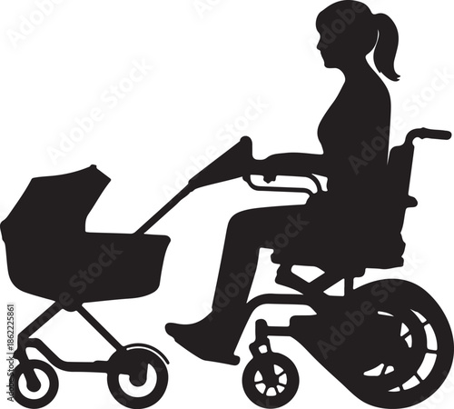 Caring family or parent flat black vector silhouette, electric wheelchair pushing a specialized baby stroller attachment
