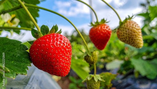 Close-up of Ripe and Unripe Strawberries on the Vine.