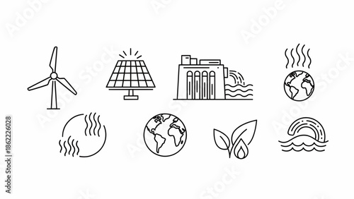 Sustainable energy icons representing wind, solar, and hydro power in a simple line art style on a clean background