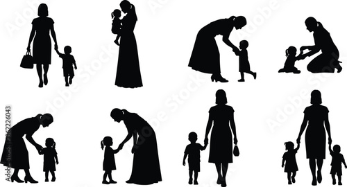 Silhouettes of Women with Children in Various Caregiving Poses Depicting Motherhood, Family Bond, and Emotional Connection on White Background