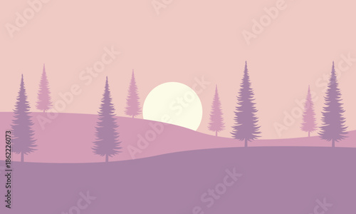 A serene landscape illustration features silhouetted pine trees and hills in shades of purple under a light sky with a bright sun. The image creates a peaceful and minimalist scene.