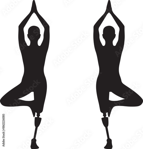 Silhouette person in a prothestic yoga pose flat black vector art, headstand or tree pose and flexibility of their prosthetic limb