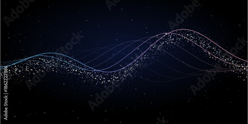 Abstract digital data flow wave particle stream on dark blue gradient background