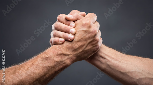Close-up of two male hands clasped in a firm grip symbolizing struggle or greeting