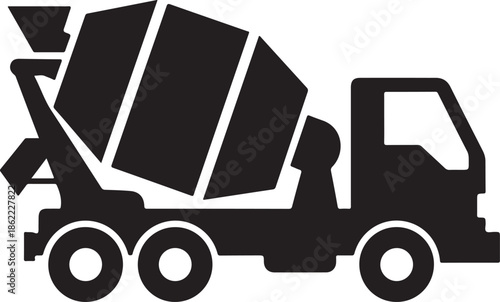 Black and white silhouette of a concrete mixer truck in action