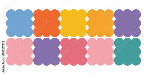 Ten colorful rounded square shapes with scalloped edges in two rows